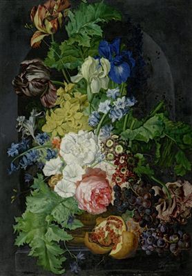 Tulpen, Iriden, eine Prunkwinde und weitere Blumen mit Früchten in einer Nische.