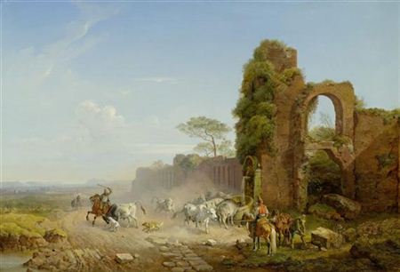 Mediterrane Landschaft mit Hirten und Viehherde. 1841.