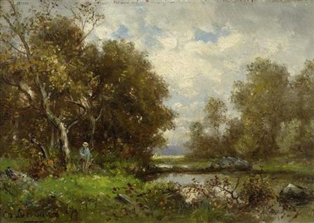 Angler am bewaldeten Teich. 1878.