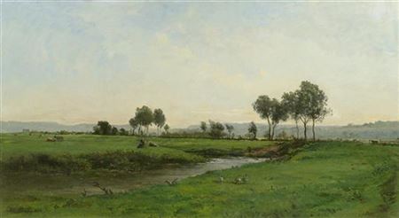 Broad river landscape with cows and geese