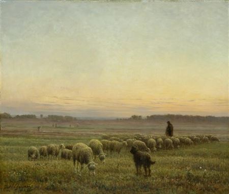 Shepherd with his flock in a broad landscape