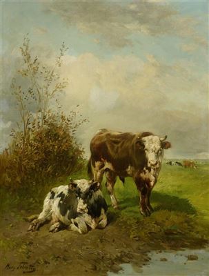 Two cows at the waterside by Paul Henry Schouten - Auction record, sale price, and art valuation. Compare with similar artists and explore comparable artworks.