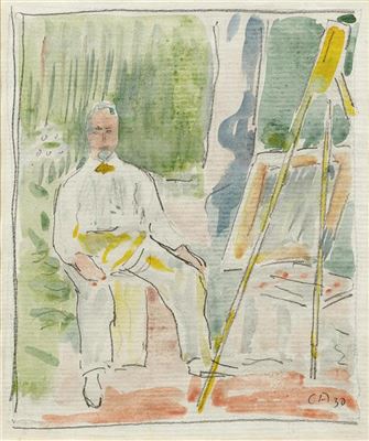 Portrait of Cuno Amiet: Self-portrait in the garden before an easel. 1930