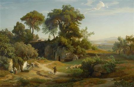 Mediterranean landscape with shepherd and his herd and a woman carrying water by a fountain.