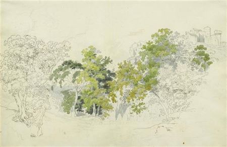 Landscape with trees, with a small Italian town top right.