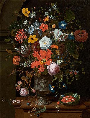 Large bouquet in a decorated bronze vase with a bramble spray, strawberries and insects by Jan Mortel - Auction record, sale price, and art valuation. Compare with similar artists and explore comparable artworks.