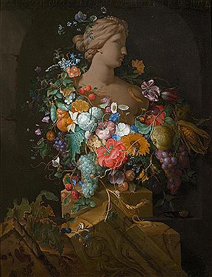 Garlands of fruits and flowers around a bust of Venus before a niche
