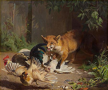 Fox catching fowl, 1874 by Adolf Henrik Mackeprang - Auction record, sale price, and art valuation. Compare with similar artists and explore comparable artworks.