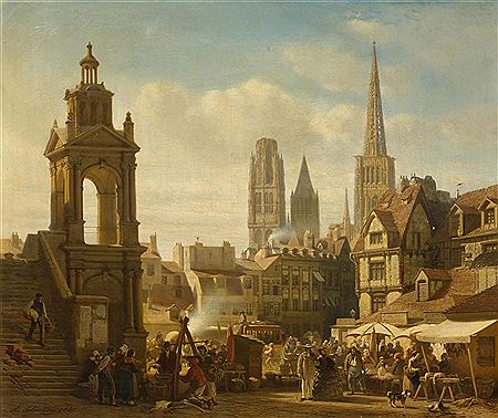 Lively city scene in Rouen, 1857