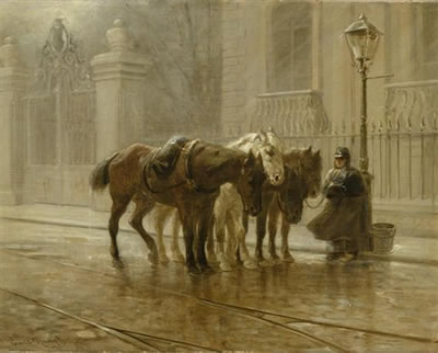 A horse keeper and three tramway horses