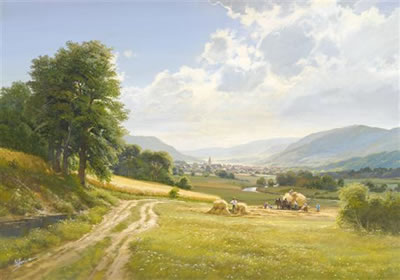 Mainlandschaft mit Bauern beim Häuen.