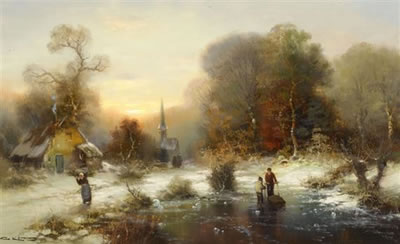 Winterlandschaft mit Personen auf einem geforenen Fluss.