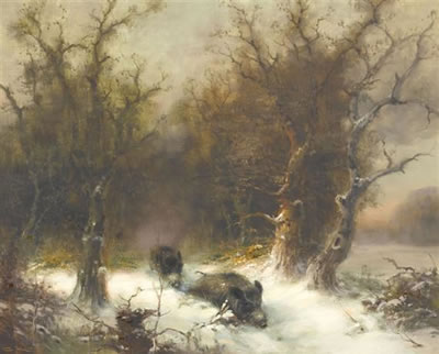 Winterlandschaft mit zwei Wildschweinen.