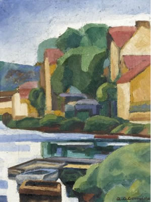 View of a village at a river.