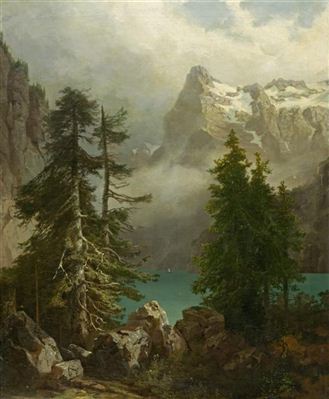 Wettertannen mit Gebirge und Bergsee. Um 1859.