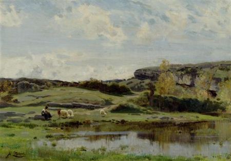 Schafe mit Hirte in einer weiten Moorlandschaft.