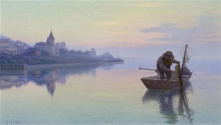 Grandson am Neuenburgersee with fisherman in the foreground. 1902
