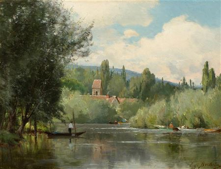 River landscape with fishing boats by Eugène Berthelon - Auction record, sale price, and art valuation. Compare with similar artists and explore comparable artworks.
