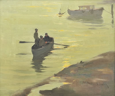 Boatmen near Battersea Bridge, River Thames