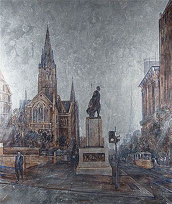 View of St Pauls from Collins and Swanston Street, Melbourne Grey Sunday Rain 2003