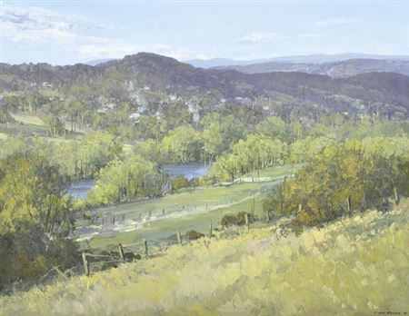 Bombala River Landscape, NSW: Midday Heat 1988 by Chris Kandis - Auction record, sale price, and art valuation. Compare with similar artists and explore comparable artworks.
