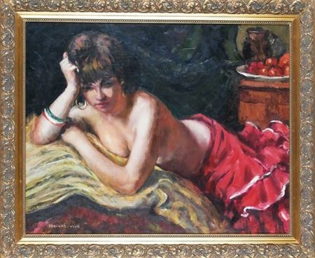 PARTIAL NUDE WOMAN WITH RED SKIRT