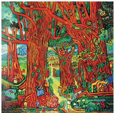 Balinese Landscape with Banyan Trees in the Village of Bayad