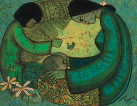 MOTHER AND CHILDREN WITH ORIGAMI BIRD, 1969