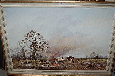 Figures with a plough team in a landscape with a bonfire to the foreground