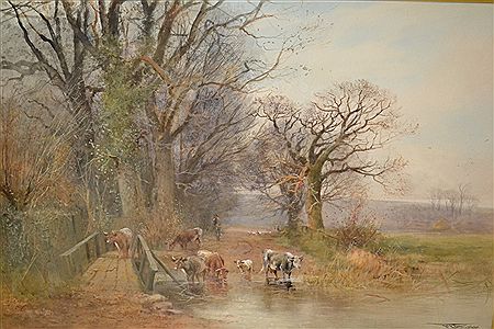 Rural scene with cattle by a river and bridge to the foreground, trees beyond by Henry Charles Fox - Auction record, sale price, and art valuation. Compare with similar artists and explore comparable artworks.