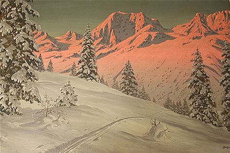 MOUNTAINOUS LANDSCAPE UNDER SNOW, PINK LIGHT