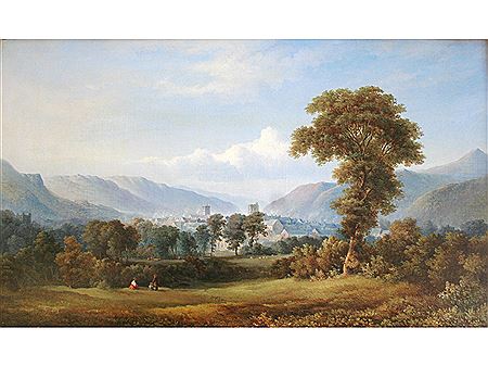 LANDSCAPE SCENE WITH A TOWN IN A VALLEY AMIDST HILLS