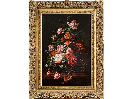 A GLASS BOWL OF MIXED BLOOMS UPON A LEDGE