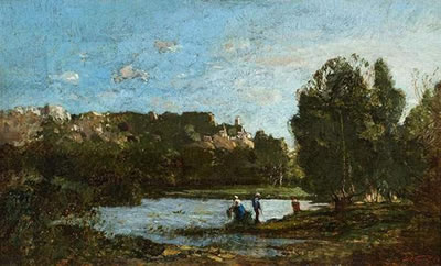 Paysage à la rivière avec un village perché