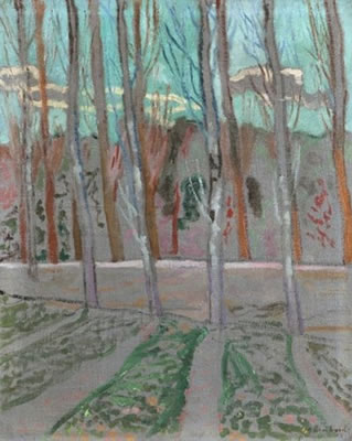 Paysage aux grands arbres.