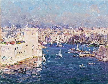 Sample artwork by Jean Baptiste Olive (1848 - 1936), known for impressionist harbor scenes, landscape, marine, nature morte painting - View similar artists and auction records