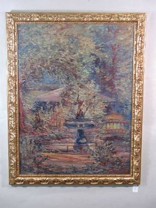 Impressionist view of garden with cherub topped fountain