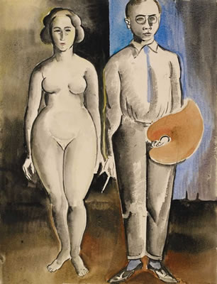 Portrait of Alois Erbach: SELF-PORTRAIT WITH PALETTE AND FEMALE NUDE