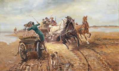 RUSSISCHE LANDSCHAFT MIT PFERDEFUHRWERKEN