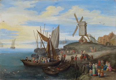 HAFENSZENE MIT WINDMÜHLE UND KAUFLEUTEN