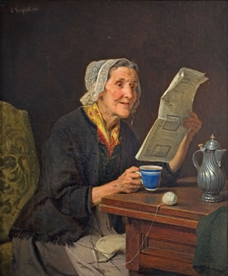 ALTE FRAU MIT ZEITUNG UND KAFFEETASSE