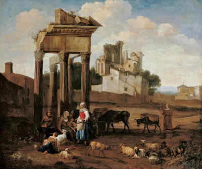 LANDSCHAFT MIT ANTIKEN RUINEN UND HIRTEN