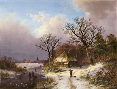 WINTERLANDSCHAFT MIT REISIGSAMMLER UND SCHLITTSCHUHLÄUFERN