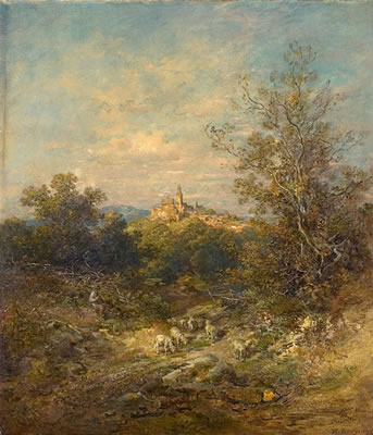 BLICK AUF KRONBERG MIT HIRTE UND SCHAFHERDE IM VORDERGRUND