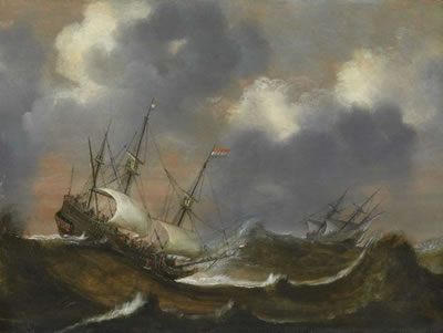 BATTLE SHIPS IN A STORMY SEA by Claes Claesz Wou - Auction record, sale price, and art valuation. Compare with similar artists and explore comparable artworks.