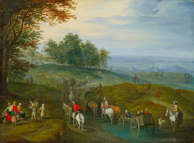 HILLY LANDSCAPE WITH TRAVELLERS WIDE LANDSCAPE WITH TRAVELLERS CROSSING A PASAGE