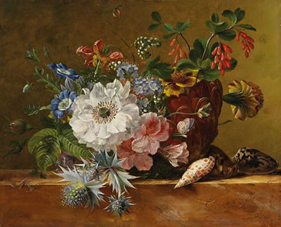 FLOWER STILL LIFE WITH THISTLE AND SHELLS