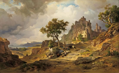 LANDSCAPE AT HEGAU WITH THE RUINS OF HOHENTWIEL AND VIEW ON THE BODENSEE