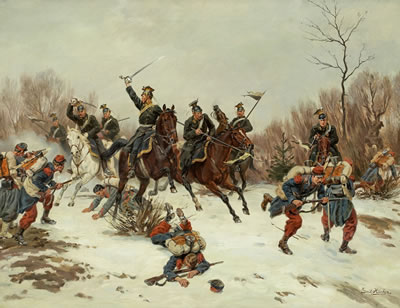 BATTLE BETWEEN RINDERS OF A PRUSSIAN UHLANS AND FRENCH SOLDIERS