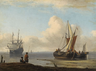 KÜSTENLANDSCHAFT MIT SEGELSCHIFF UND BOOTEN